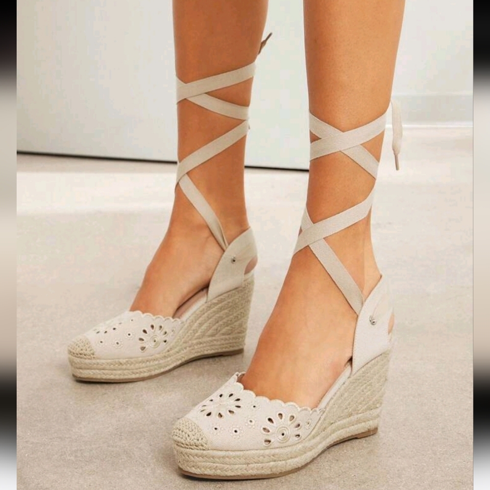 Artisanal Lace-Up Embroidered Dark Nude Espadrilles Wedge Platf